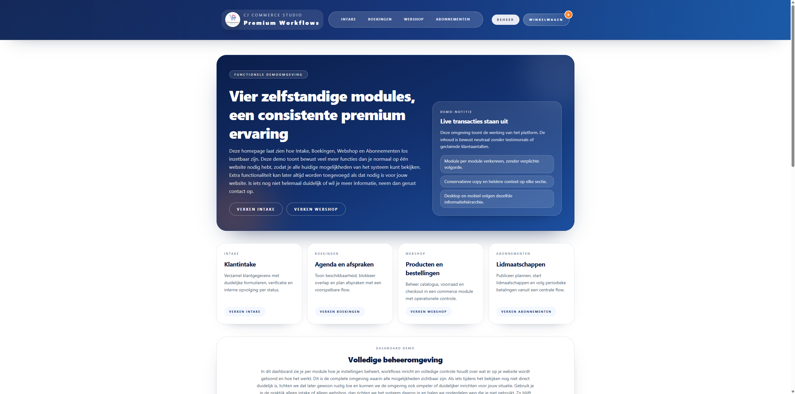 Screenshot van de CJ Commerce Studio demo