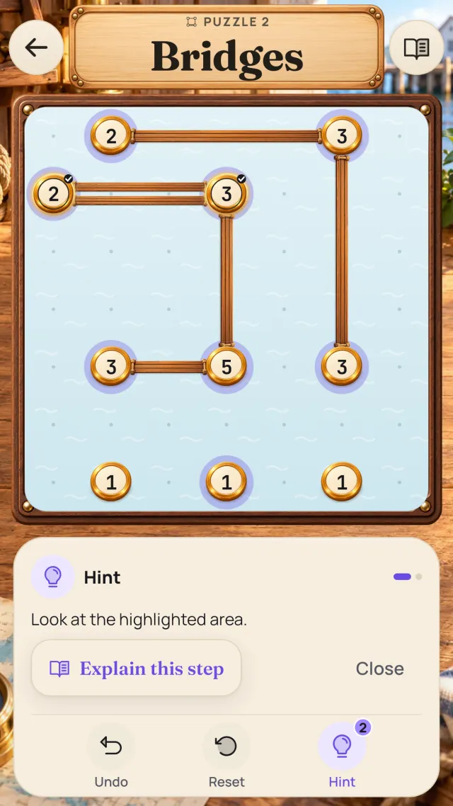 A hint on a Bridges puzzle that shows where to look